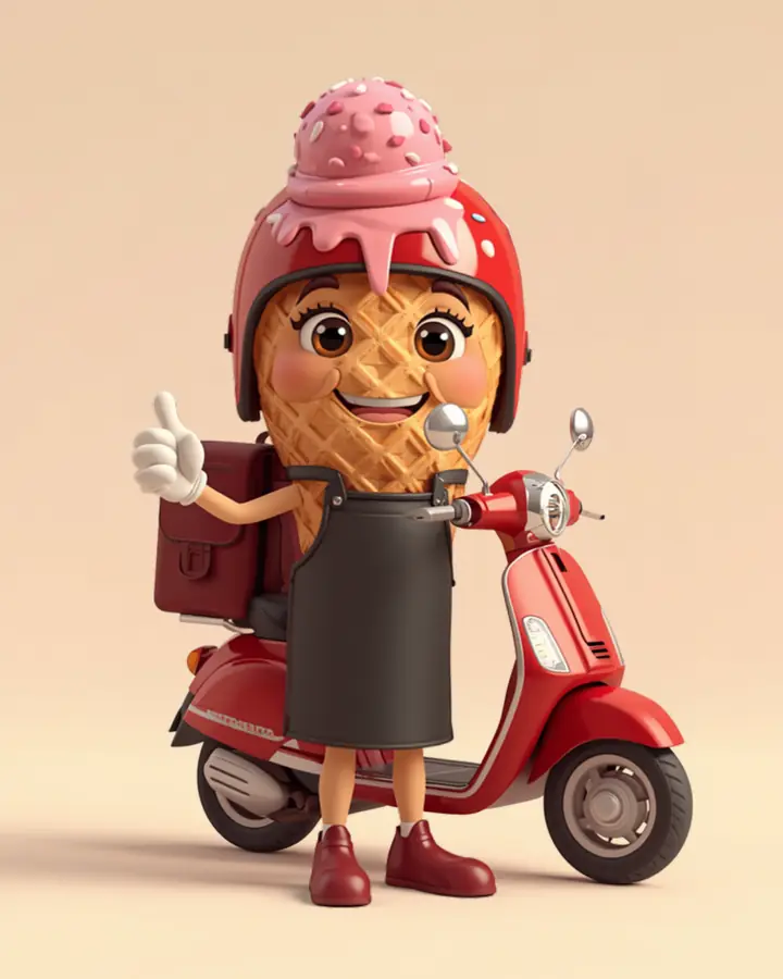 Mascote da Schuck: casquinha de morango de capacete vermelho e avental, fazendo joinha ao lado da moto de entrega