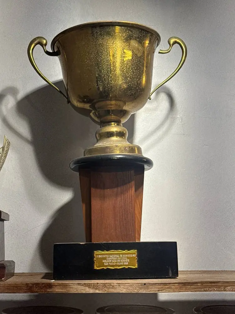 Taça dourada de campeã nacional de 1989 na prateleira da loja